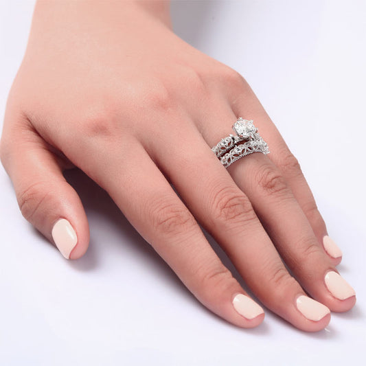 1.25 CT. Vintage Style Simulated Diamond Bridal Set in Sterling Silver