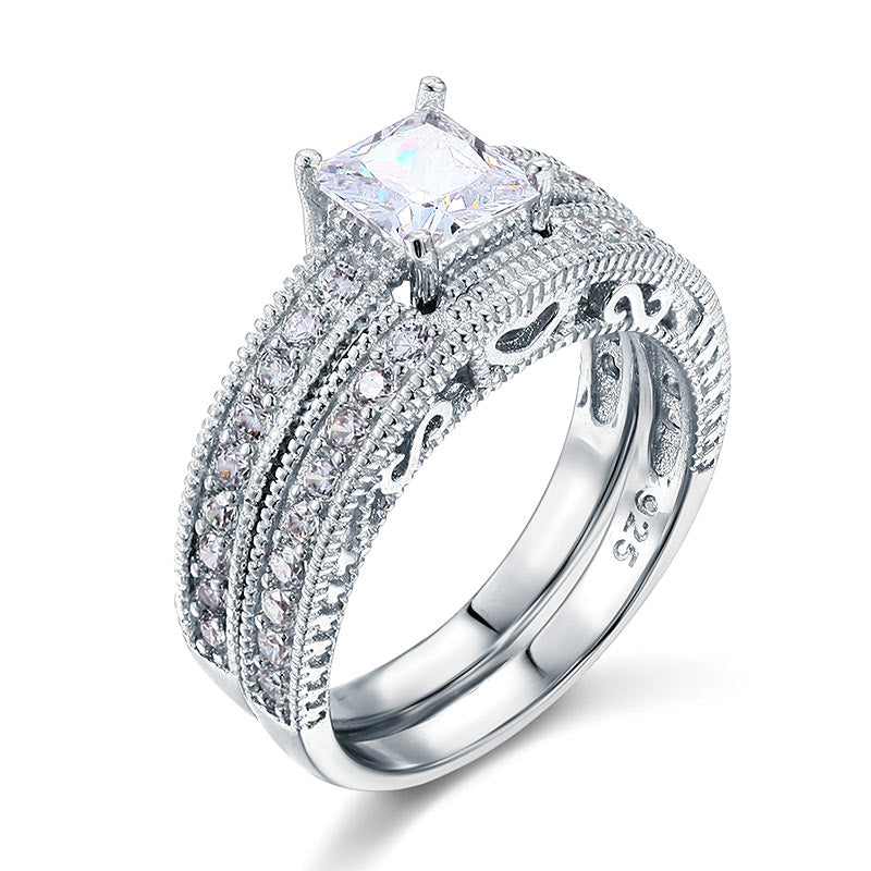 1 CT. Princess Cut Simulated Diamond Milgrain Bridal Set in Sterling Silver
