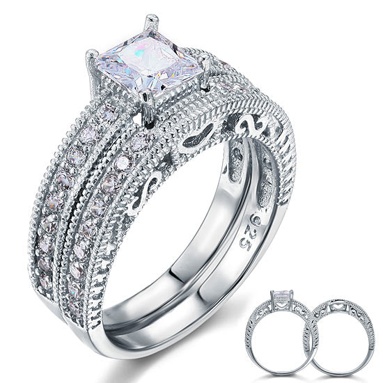 1 CT. Princess Cut Simulated Diamond Milgrain Bridal Set in Sterling Silver