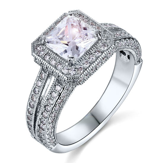 1.5 CT. Princess Cut Simulated Diamond Halo Double Shank Vintage Ring in Sterling Silver
