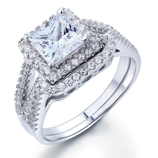 Parure de mariage en argent sterling avec diamants taille princesse simulés de 1,5 carat