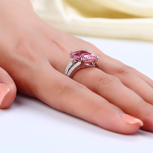 6 CT. Radiant Cut Pink Simulated Diamond Split Shank Ring in Sterling Silver