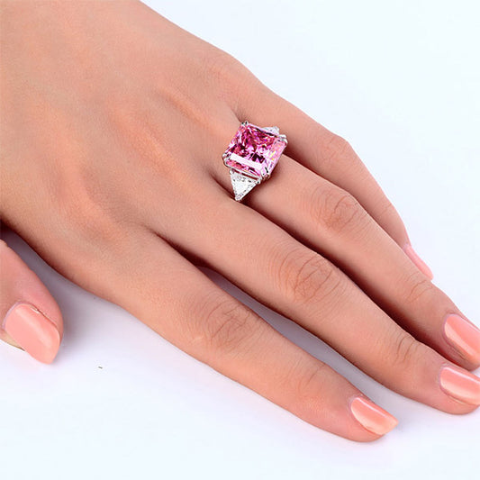 8 CT. Three-Stone Princess Cut Pink Simulated Diamond Ring in Sterling Silver