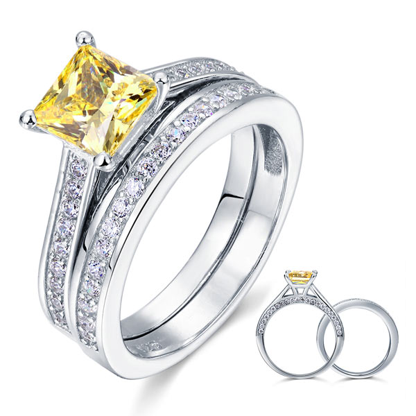 1.5 CT. Princess Cut Yellow Simulated Diamond Bridal Set in Sterling Silver
