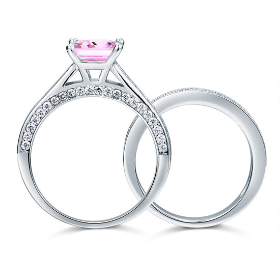 1.5 CT. Princess Cut Pink Simulated Diamond Bridal Set in Sterling Silver