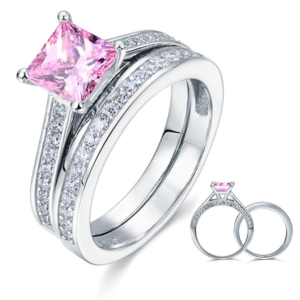 1.5 CT. Princess Cut Pink Simulated Diamond Bridal Set in Sterling Silver