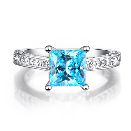 1.5 CT. Princess Cut Aqua Blue Simulated Diamond Engagement Ring in Sterling Silver