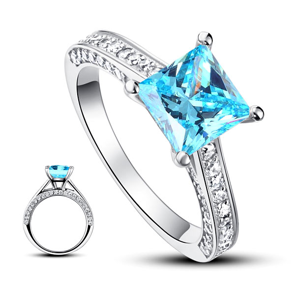 1.5 CT. Princess Cut Aqua Blue Simulated Diamond Engagement Ring in Sterling Silver