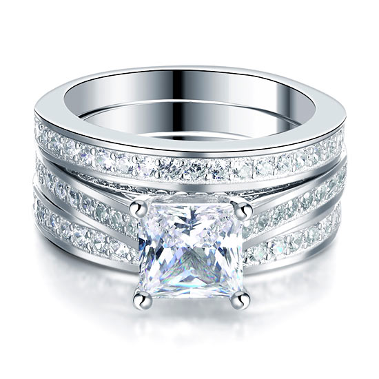 1.5 CT. Princess Cut Simulated Diamond 3-Piece Bridal Set in Sterling Silver