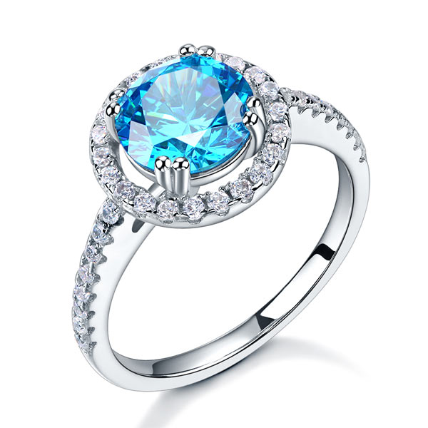 2 CT. Round Aqua Blue Simulated Diamond Halo Ring in Sterling Silver