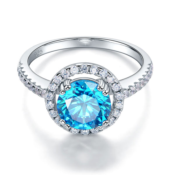 2 CT. Round Aqua Blue Simulated Diamond Halo Ring in Sterling Silver