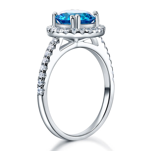 2 CT. Round Aqua Blue Simulated Diamond Halo Ring in Sterling Silver