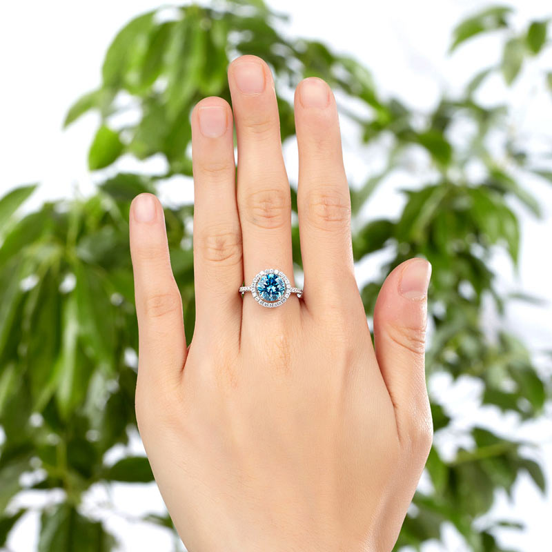 2 CT. Round Aqua Blue Simulated Diamond Halo Ring in Sterling Silver