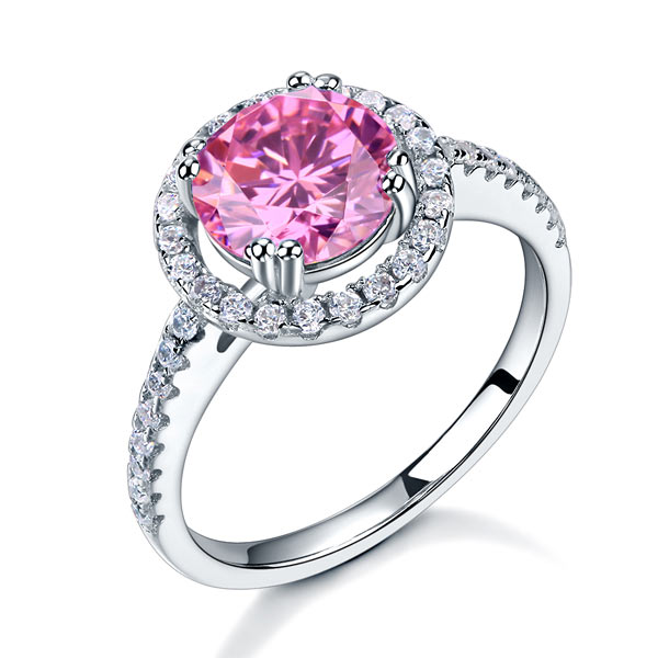 Bague halo en argent sterling avec diamants synthétiques roses ronds de 2 carats