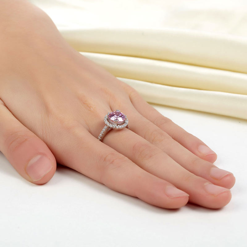 Bague halo en argent sterling avec diamants synthétiques roses ronds de 2 carats