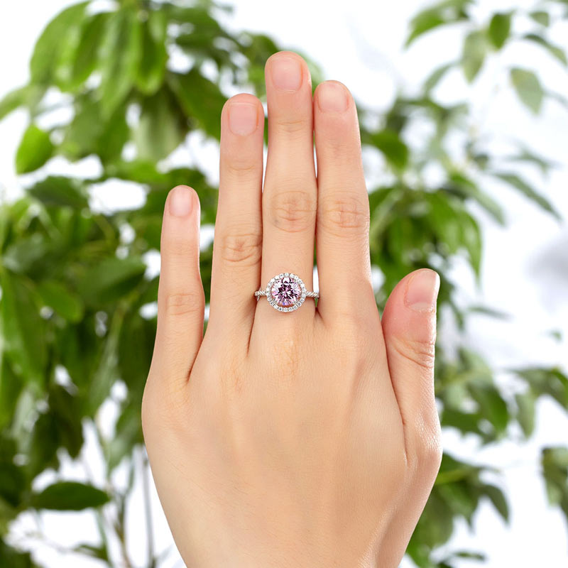 Bague halo en argent sterling avec diamants synthétiques roses ronds de 2 carats