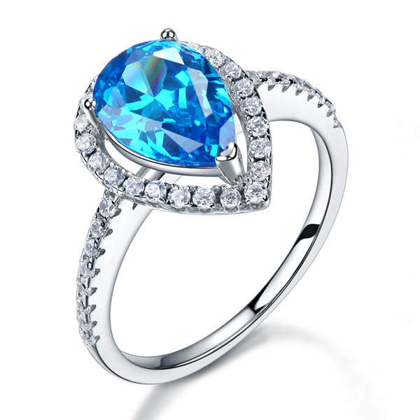 2 CT. Pear Cut Aqua Blue Simulated Diamond Halo Ring in Sterling Silver