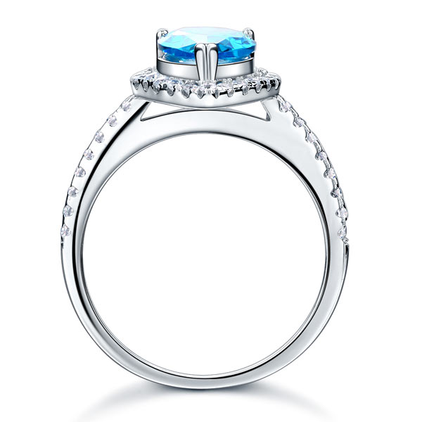 2 CT. Pear Cut Aqua Blue Simulated Diamond Halo Ring in Sterling Silver