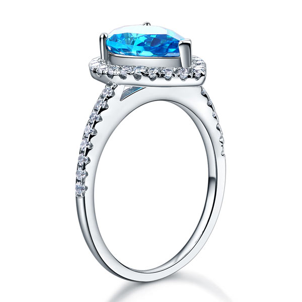 2 CT. Pear Cut Aqua Blue Simulated Diamond Halo Ring in Sterling Silver