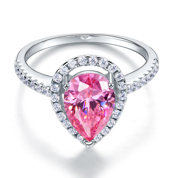 2 CT. Pear Cut Pink Simulated Diamond Halo Ring in Sterling Silver