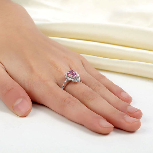 2 CT. Pear Cut Pink Simulated Diamond Halo Ring in Sterling Silver