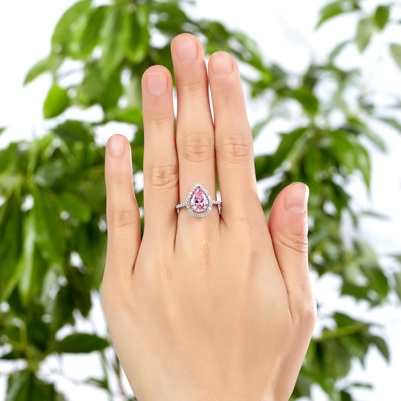 2 CT. Pear Cut Pink Simulated Diamond Halo Ring in Sterling Silver