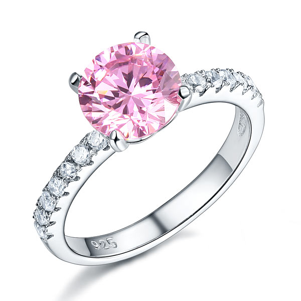 Anillo de plata de ley con diamante simulado rosa redondo de 2 quilates
