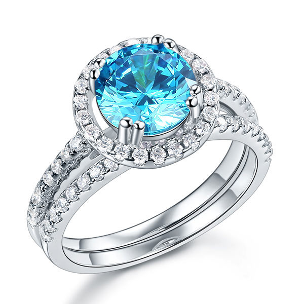 2 CT. Round Halo Aqua Blue Simulated Diamond Bridal Set in Sterling Silver
