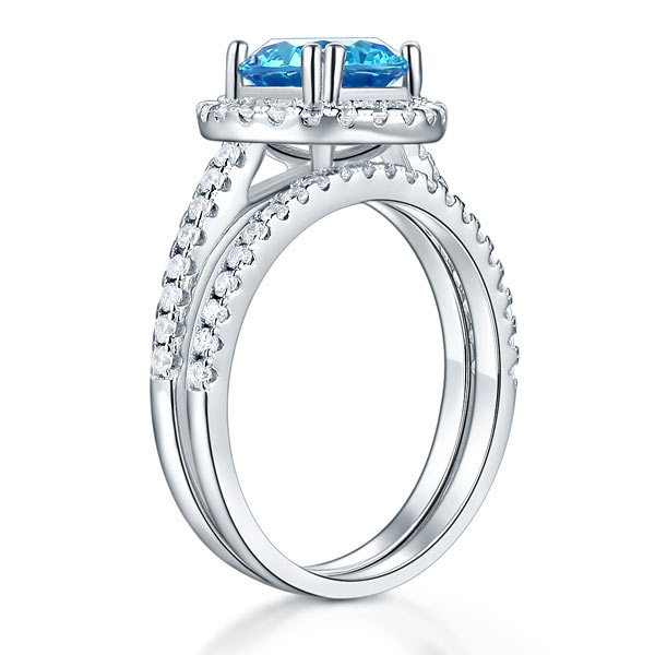 2 CT. Round Halo Aqua Blue Simulated Diamond Bridal Set in Sterling Silver