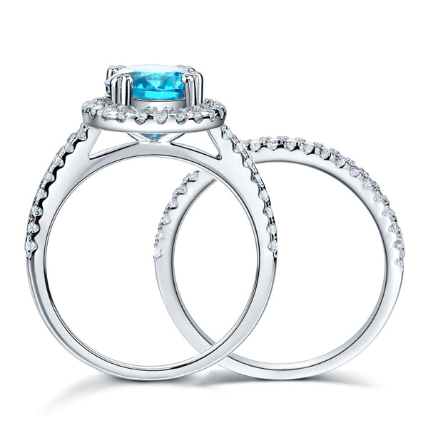 2 CT. Round Halo Aqua Blue Simulated Diamond Bridal Set in Sterling Silver