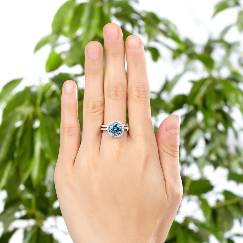 2 CT. Round Halo Aqua Blue Simulated Diamond Bridal Set in Sterling Silver