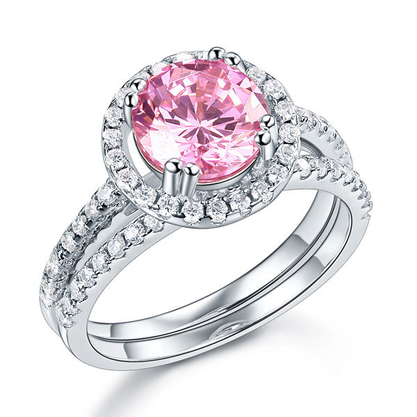 Conjunto nupcial de 2 quilates con halo redondo de diamantes simulados rosas en plata de ley