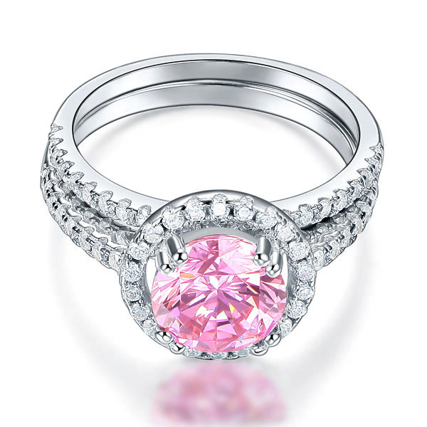 Conjunto nupcial de 2 quilates con halo redondo de diamantes simulados rosas en plata de ley