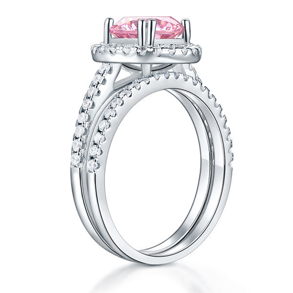 Conjunto nupcial de 2 quilates con halo redondo de diamantes simulados rosas en plata de ley