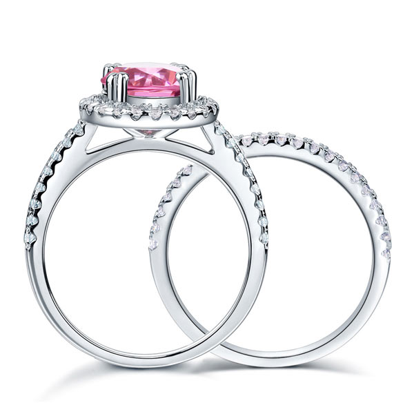 Conjunto nupcial de 2 quilates con halo redondo de diamantes simulados rosas en plata de ley