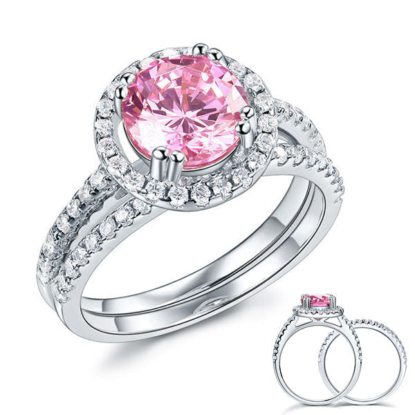 Conjunto nupcial de 2 quilates con halo redondo de diamantes simulados rosas en plata de ley