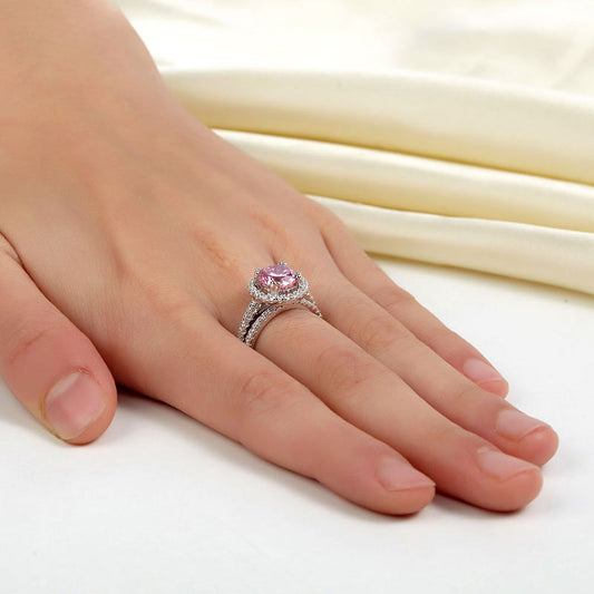 2 CT. Round Halo Pink Simulated Diamond Bridal Set in Sterling Silver
