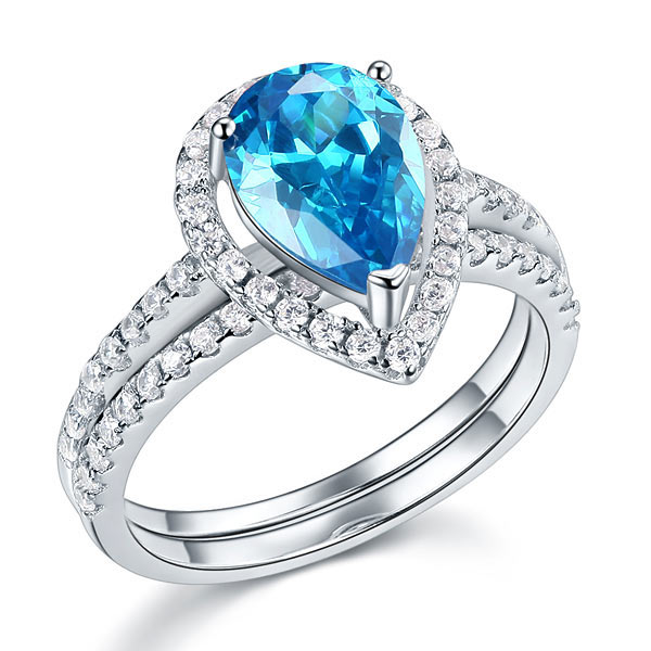 2 CT. Pear Cut Aqua Blue Simulated Diamond Halo Bridal Set in Sterling Silver