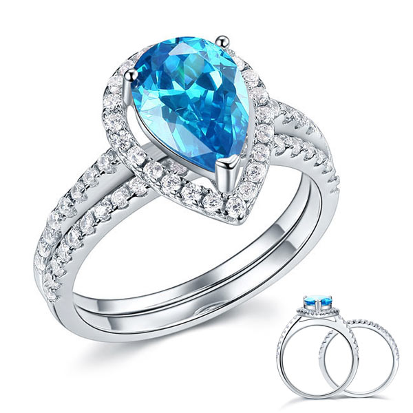 2 CT. Pear Cut Aqua Blue Simulated Diamond Halo Bridal Set in Sterling Silver