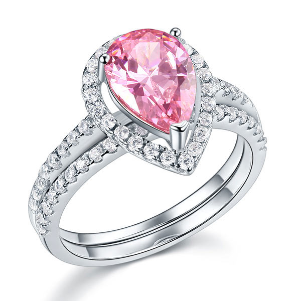 2 CT. Pear Cut Pink Simulated Diamond Halo Bridal Set in Sterling Silver