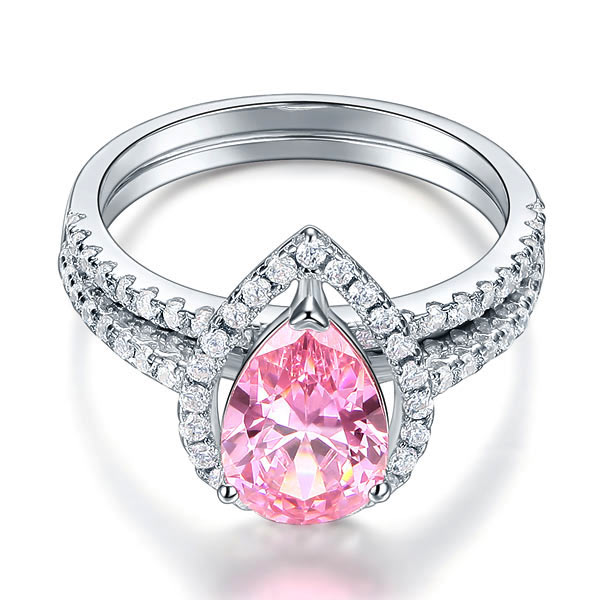 2 CT. Pear Cut Pink Simulated Diamond Halo Bridal Set in Sterling Silver
