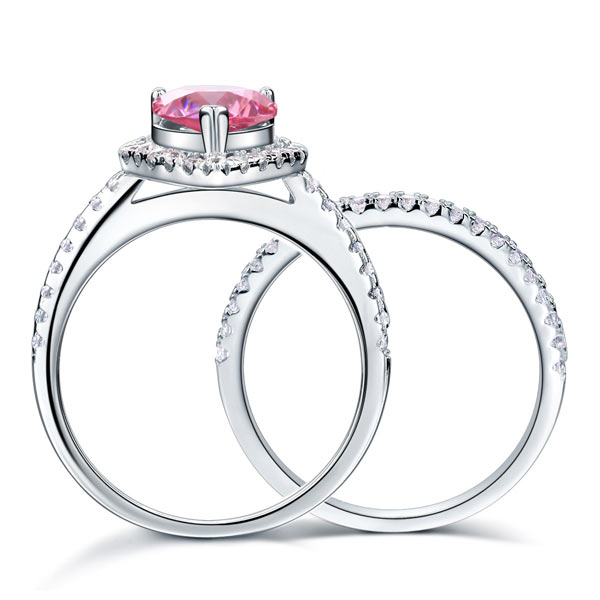 2 CT. Pear Cut Pink Simulated Diamond Halo Bridal Set in Sterling Silver