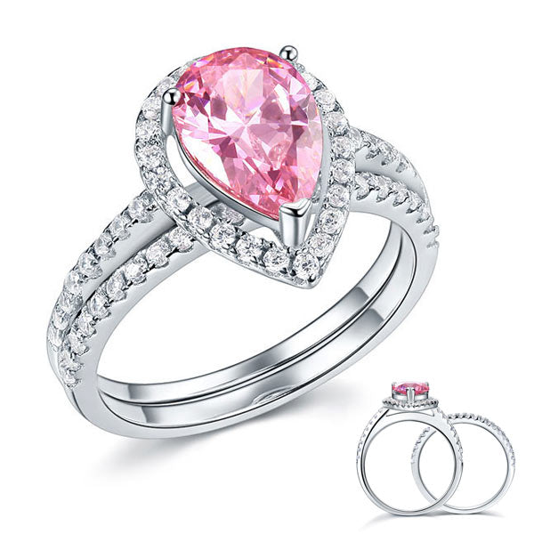 2 CT. Pear Cut Pink Simulated Diamond Halo Bridal Set in Sterling Silver