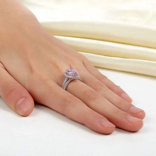 2 CT. Pear Cut Pink Simulated Diamond Halo Bridal Set in Sterling Silver