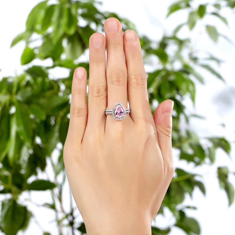 2 CT. Pear Cut Pink Simulated Diamond Halo Bridal Set in Sterling Silver
