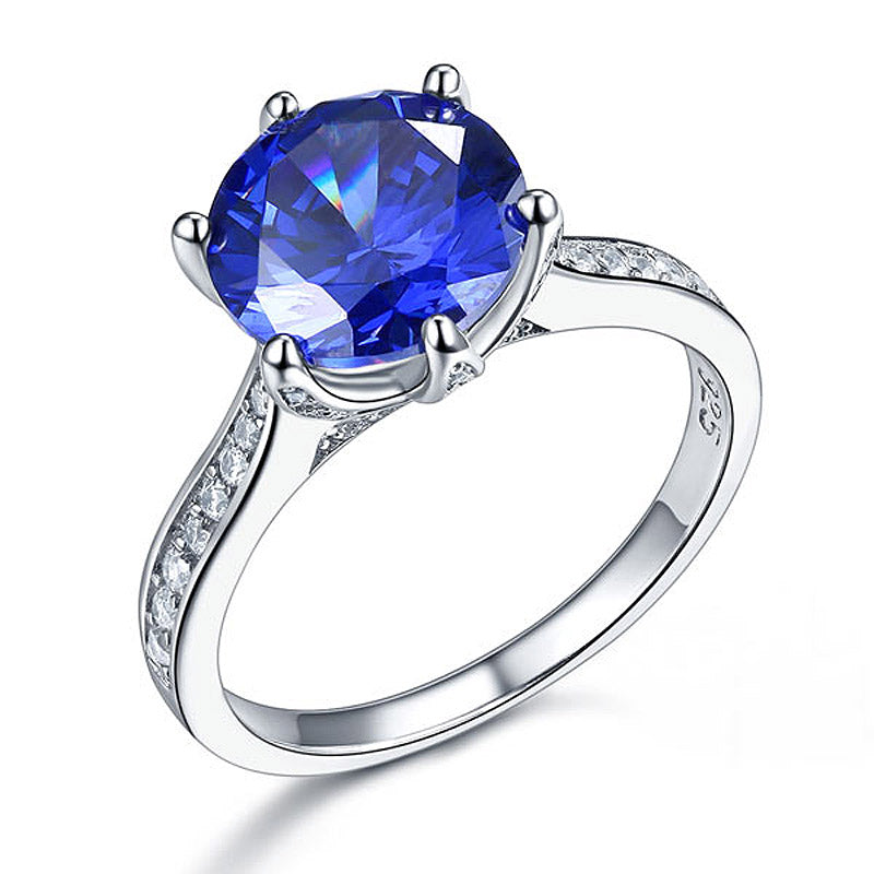Anillo de diamantes redondos azules simulados de 3 quilates en plata de ley