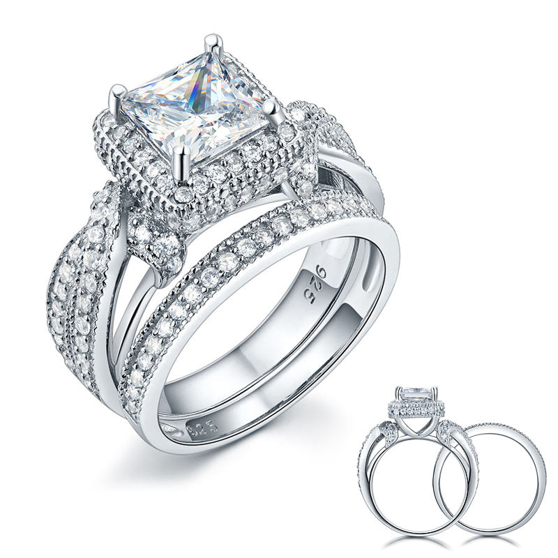 1.5 CT Princess Cut Simulated Diamond Milgrain Split Shank Bridal Set in Sterling Silver