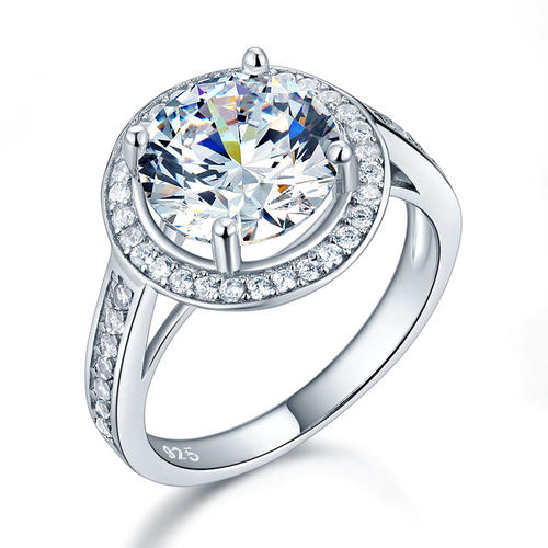 Anillo de halo de diamantes simulados redondos de 3,5 quilates en plata de ley