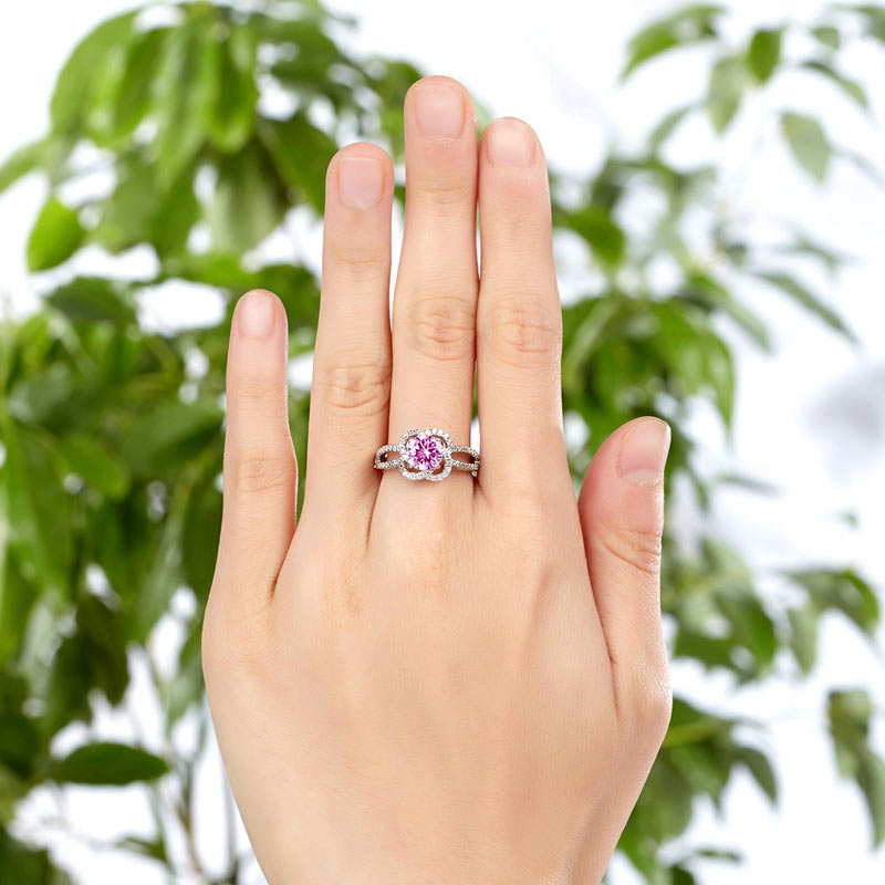 1 CT. Round Brilliant Cut Pink Simulated Diamond Floral Halo Ring in Sterling Silver
