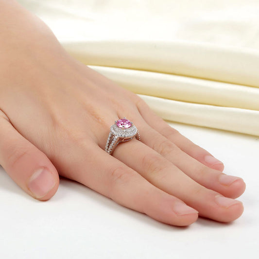 1.25 CT. Round Brilliant Cut Pink Simulated Diamond Double Halo Ring in Sterling Silver